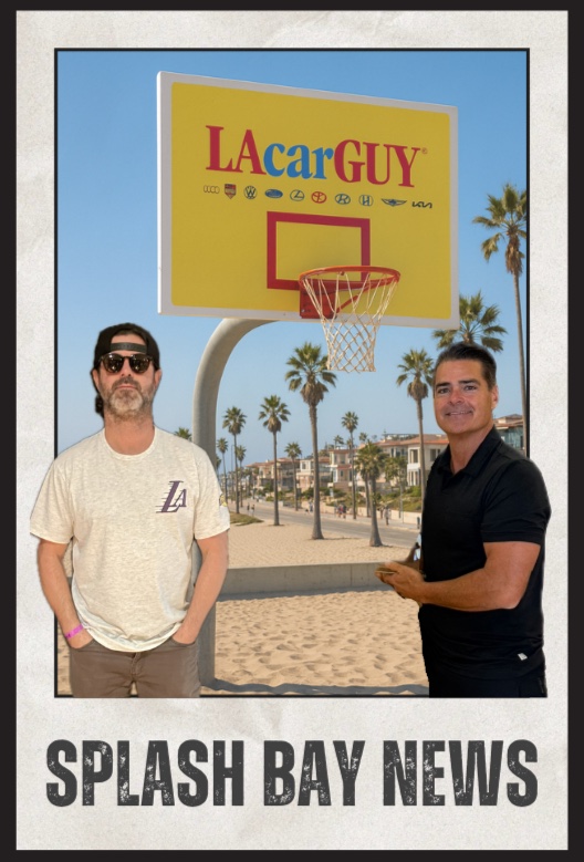 Splash Bay News artwork showing two men beneath an LACarGuy basketball hoop at the beach